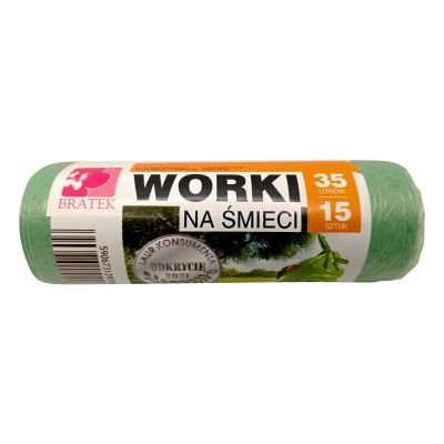 Worki na śmieci biodegradowalne Bratek 35L zielone 15 szt.